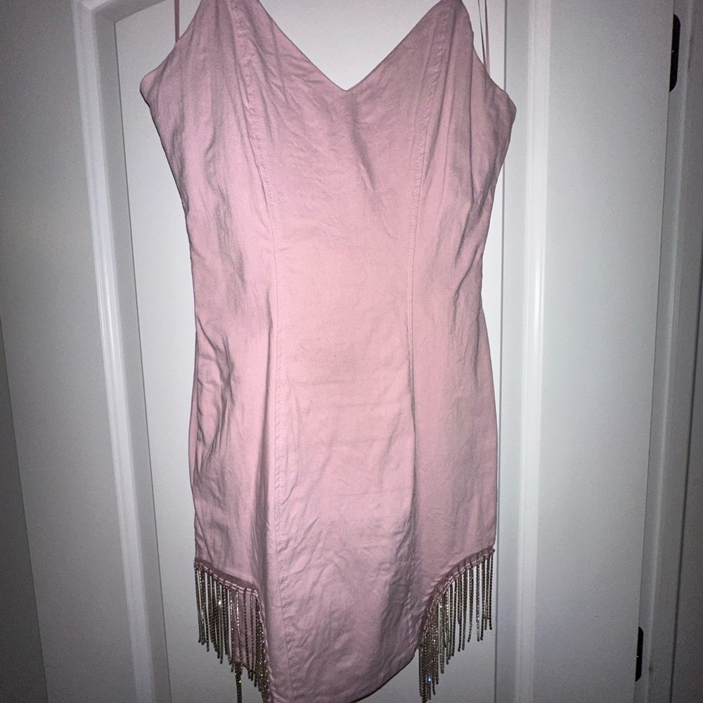 Haute Monde Pink Denim Mini Dress with Fringe